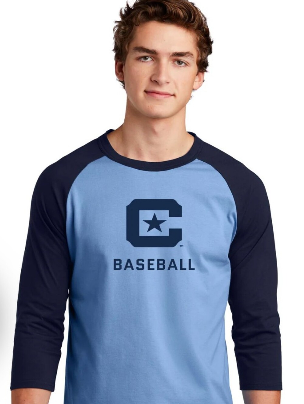 Champion Light Blue & Navy Raglan Football Men's Tee. SIZE S
